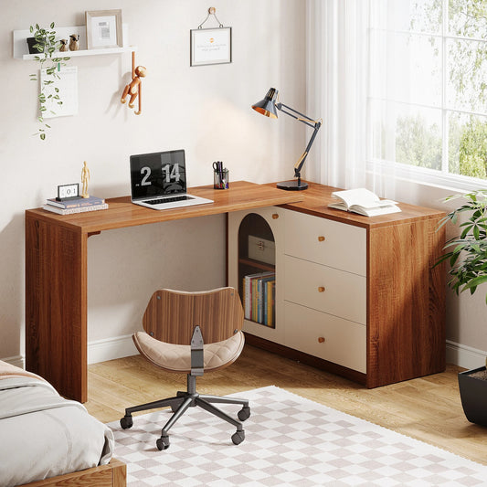 Modern L-Shaped Computer Desk with Drawers and Reversible Cabinet