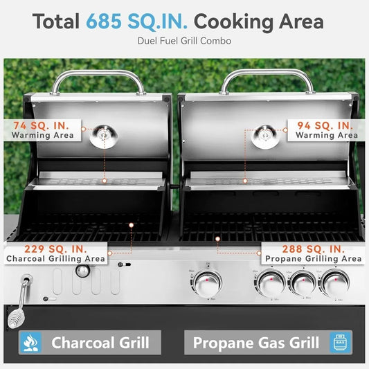 3-Burner Gas & Charcoal Grill Combo with Side Burner, 685 sq.in Cooking Area, 37,000 BTUs, Cast Iron Grates, Built-in Thermometer
