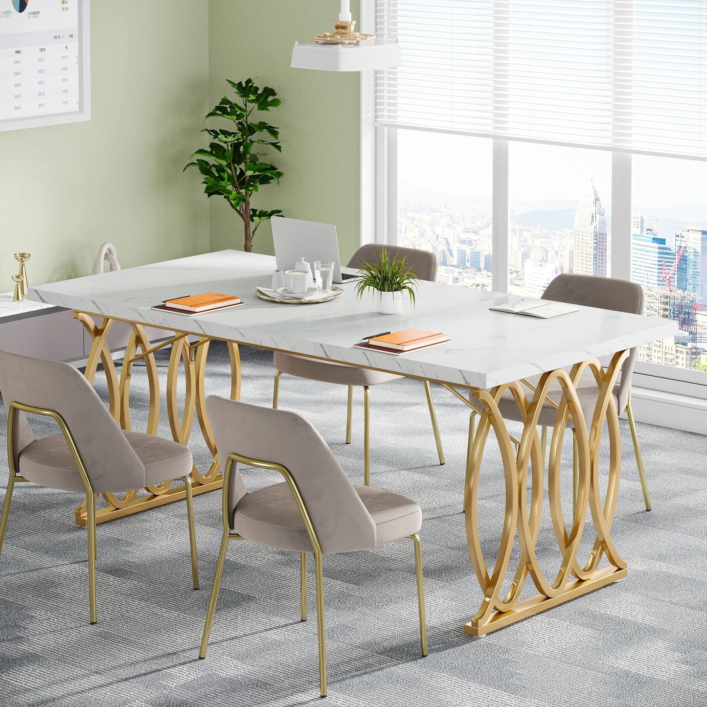 Modern White & Gold Executive Desk – 63" Large Conference Table or Home Office Workstation