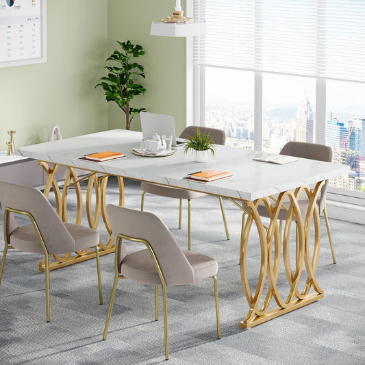 Modern White & Gold Executive Desk – 63" Large Conference Table or Home Office Workstation