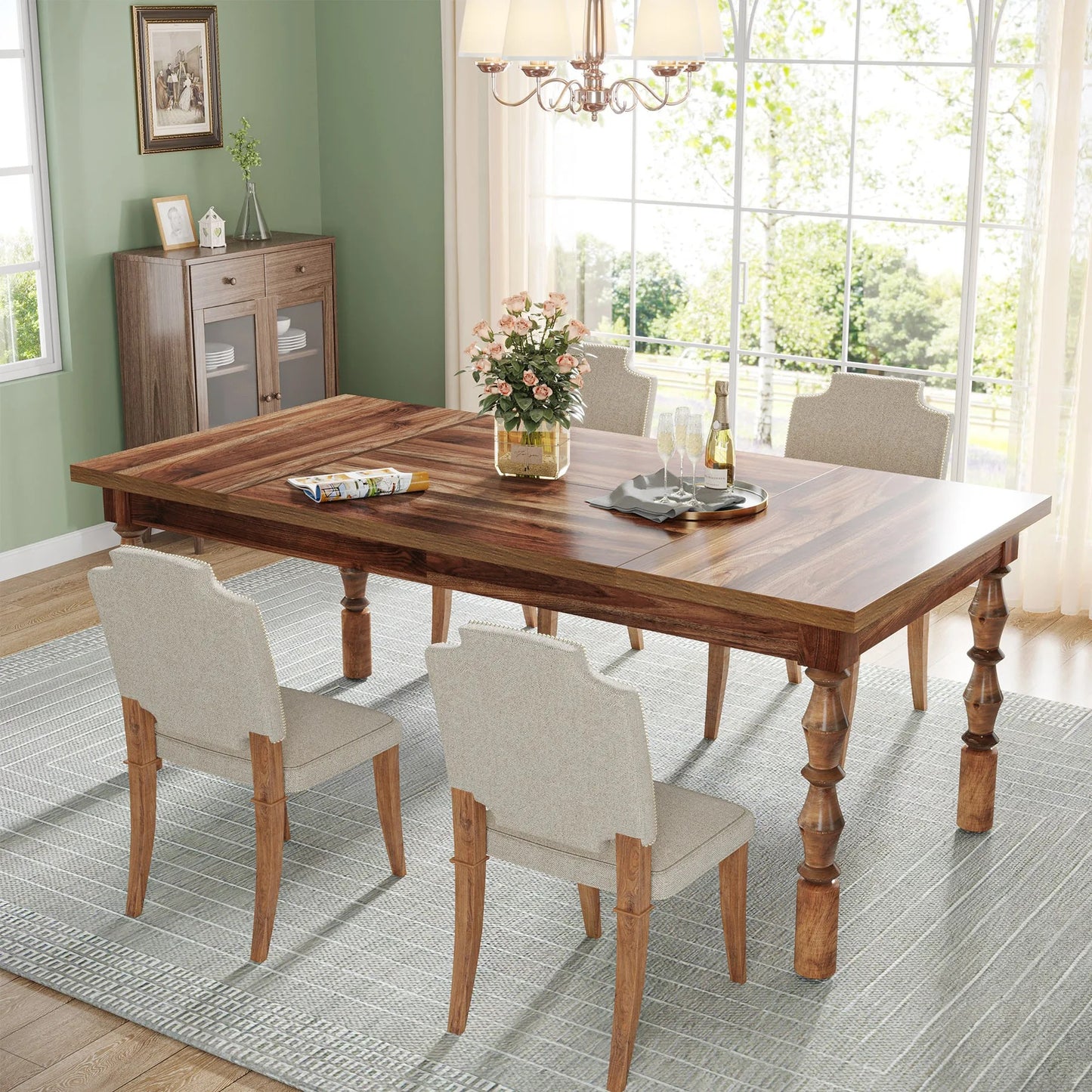 Enjoy meals in timeless style with this spacious farmhouse wood dining table. Perfect for patios, kitchens, and gatherings of 4 to 6 guests.
