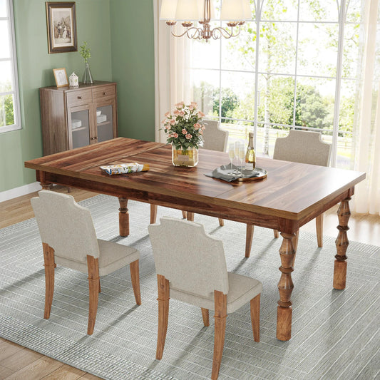 Enjoy meals in timeless style with this spacious farmhouse wood dining table. Perfect for patios, kitchens, and gatherings of 4 to 6 guests.