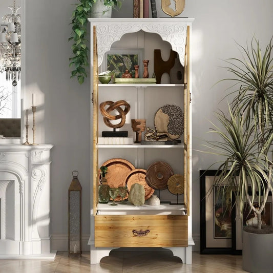 70.9" Farmhouse Kitchen Pantry Cabinet with Carved Glass Doors & Drawer – Corner Storage & Display Cabinet