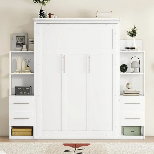 Full Size Modern Murphy Bed with Storage, Drawers & LED Lights – Foldable Wall Bed Cabinet for Space-Saving Rooms