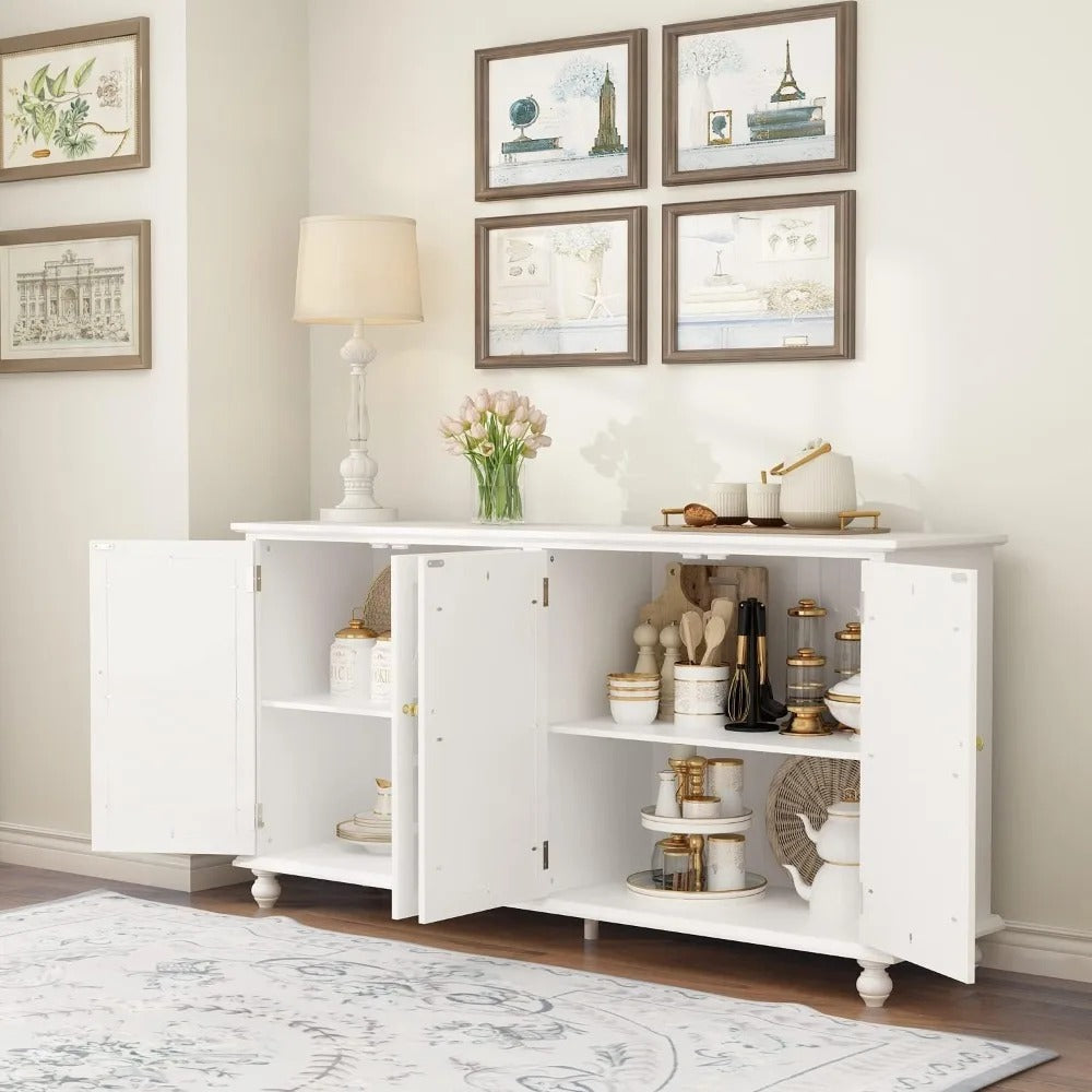 Modern White Sideboard Cabinet with Carved Mirror Doors & Adjustable Storage – Buffet Console for Kitchen, Dining, or Entryway