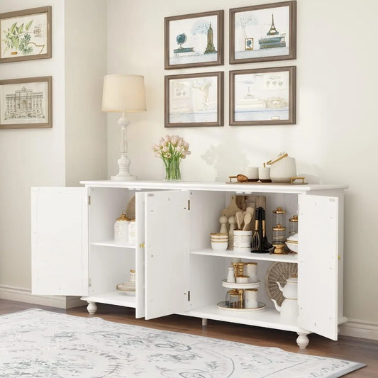 Modern White Sideboard Cabinet with Carved Mirror Doors & Adjustable Storage – Buffet Console for Kitchen, Dining, or Entryway