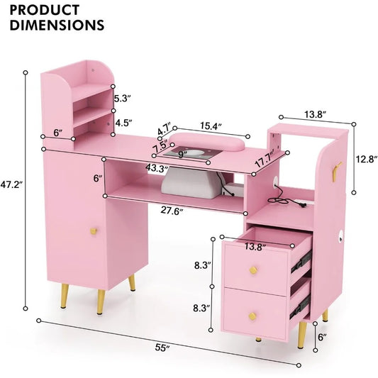 Modern Pink Nail Table with Dust Collector, Storage Cabinets, Power Outlets & Wrist Cushion – Manicure Station for Salon or Home
