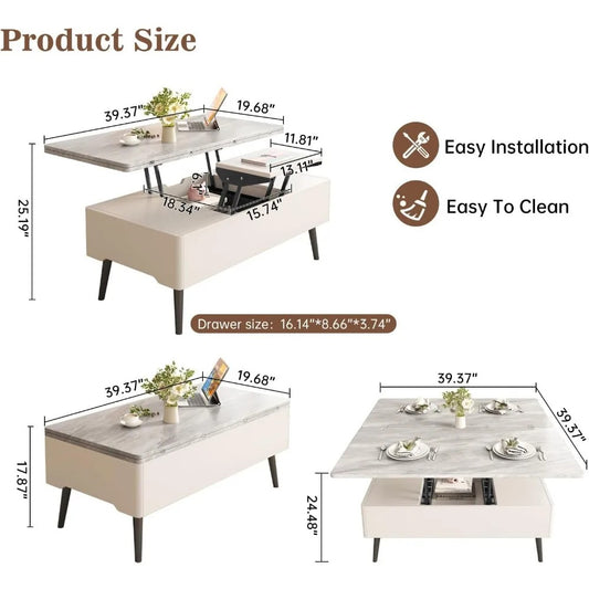 3-in-1 Lift Top Extendable Coffee Table – Hidden Storage, Dining + Workstation in One, Modern White & Grey Center Table