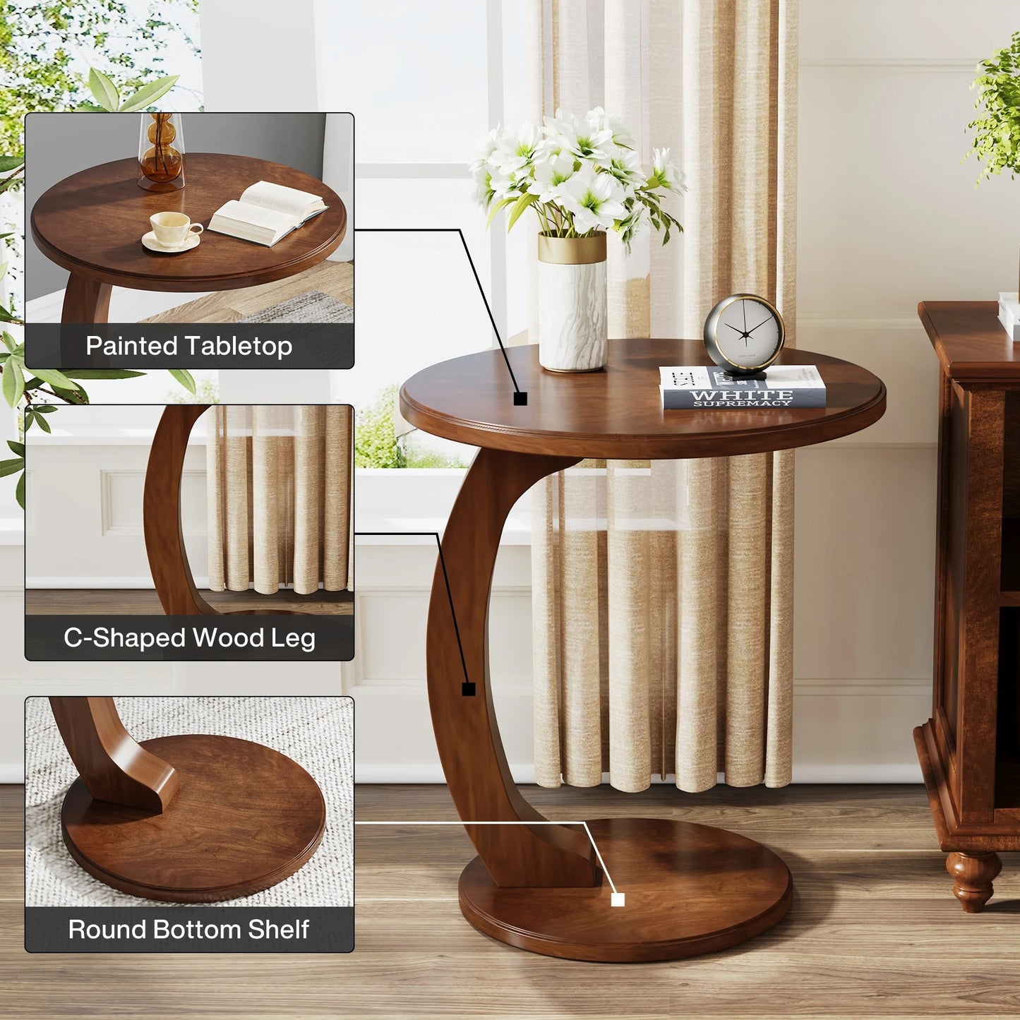 C-Shaped Round End Table – Retro Wood Side Table for Couch, Bed, or Living Room