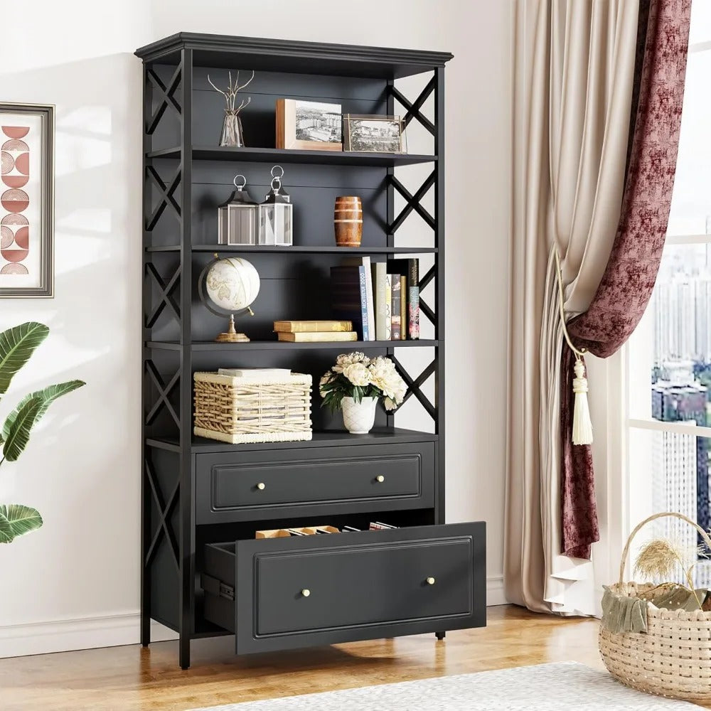 2-Drawer Filing Cabinet with Shelves – Tall Vertical File Organizer for Letter/Legal/A4 Files, Dark Grey Storage Cabinet