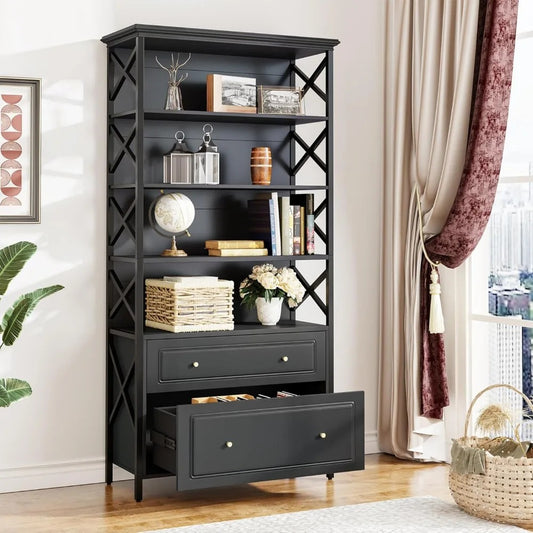 2-Drawer Filing Cabinet with Shelves – Tall Vertical File Organizer for Letter/Legal/A4 Files, Dark Grey Storage Cabinet