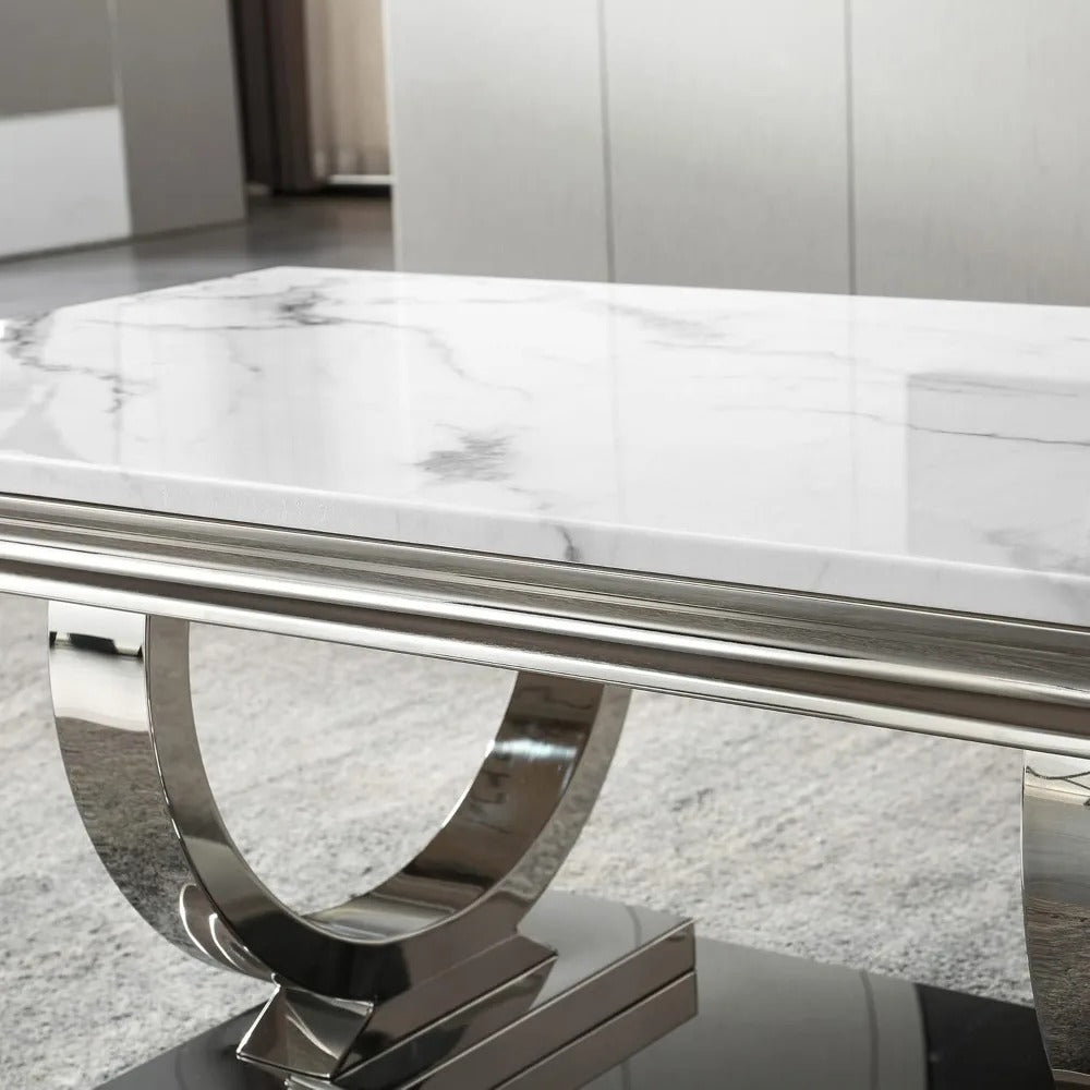 Modern Marble Coffee Table – White Rectangular Top with Silver Mirrored U-Shape Stainless Steel Base