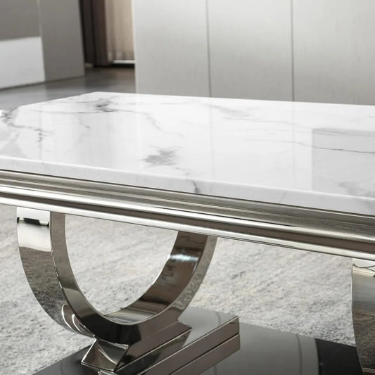 Modern Marble Coffee Table – White Rectangular Top with Silver Mirrored U-Shape Stainless Steel Base