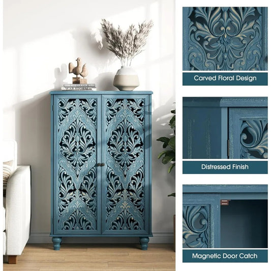 Carved Blue Accent Cabinet with Doors – 47" Farmhouse Storage Cabinet with Solid Wood Legs for Entryway, Bedroom & Living Room