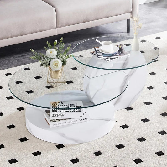 Modern Round Glass Coffee Table – 3-Tier Circle Table with Tempered Glass Top & Storage Shelves for Living Room or Small Spaces, White