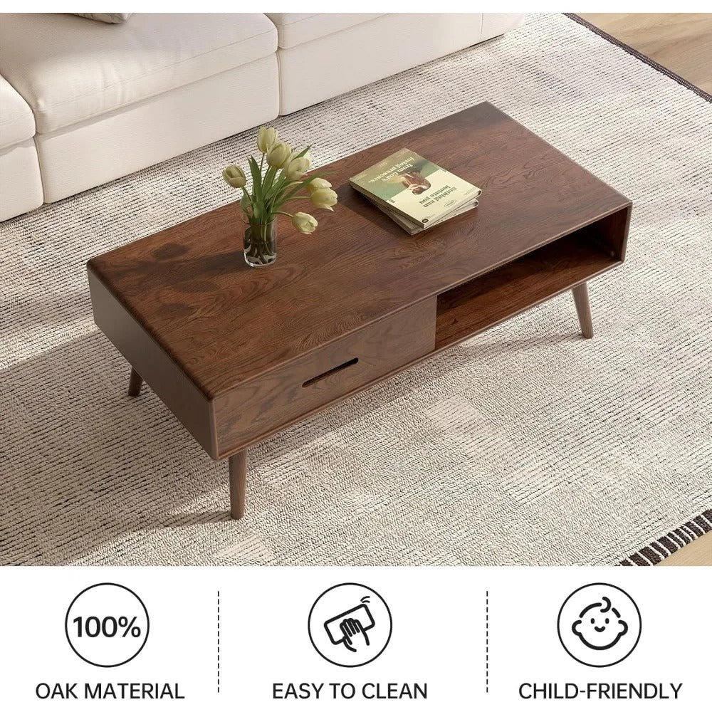 100% Solid Wood Mid-Century Modern Coffee Table – 39.37" Coffee Table with 2 Drawers & Open Shelf, Walnut Finish
