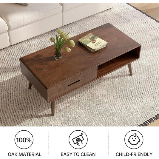 100% Solid Wood Mid-Century Modern Coffee Table – 39.37" Coffee Table with 2 Drawers & Open Shelf, Walnut Finish
