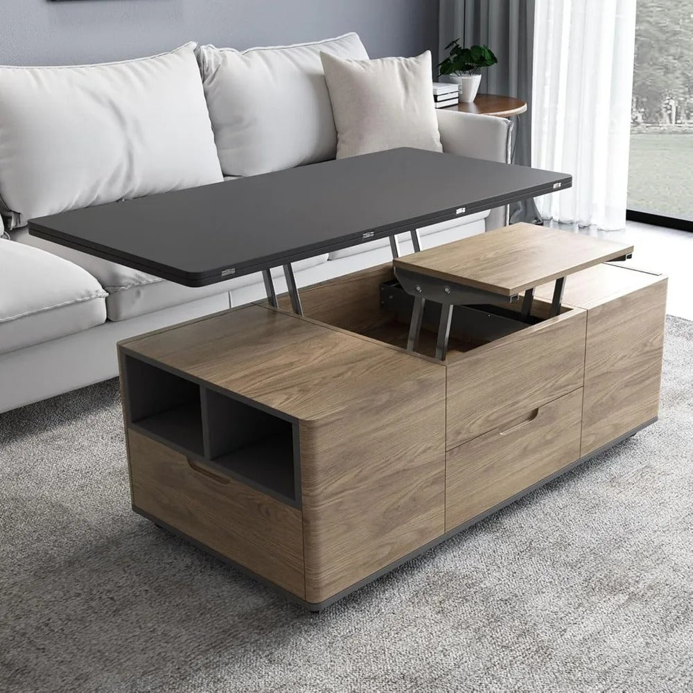 3-in-1 Lift-Top Coffee Table with Hidden Stools – Convertible Center Table to Dining or Desk, Storage, Wheels, Brown