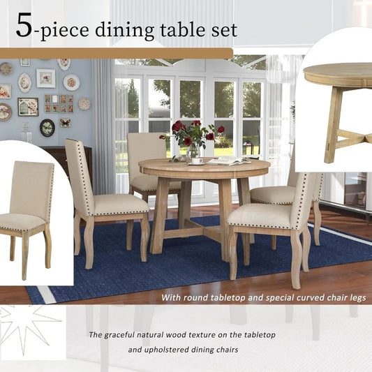 5-Piece Extendable Wood Dining Set – Round to Oval Table with 4 Cushioned Chairs, Natural Wood Wash