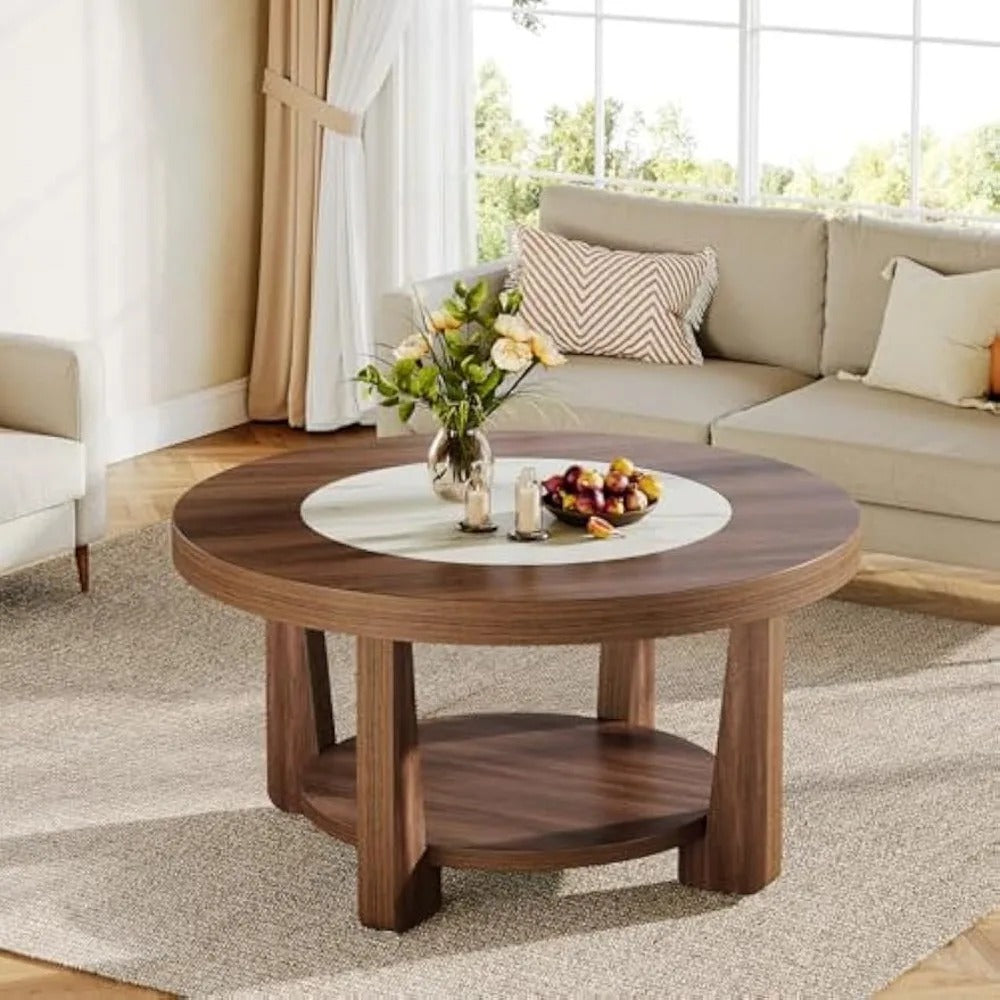 2-Tier Round Coffee Table – Industrial Style with Heavy-Duty Wood Top & Storage Shelf, White/Brown Center Table for Living Room