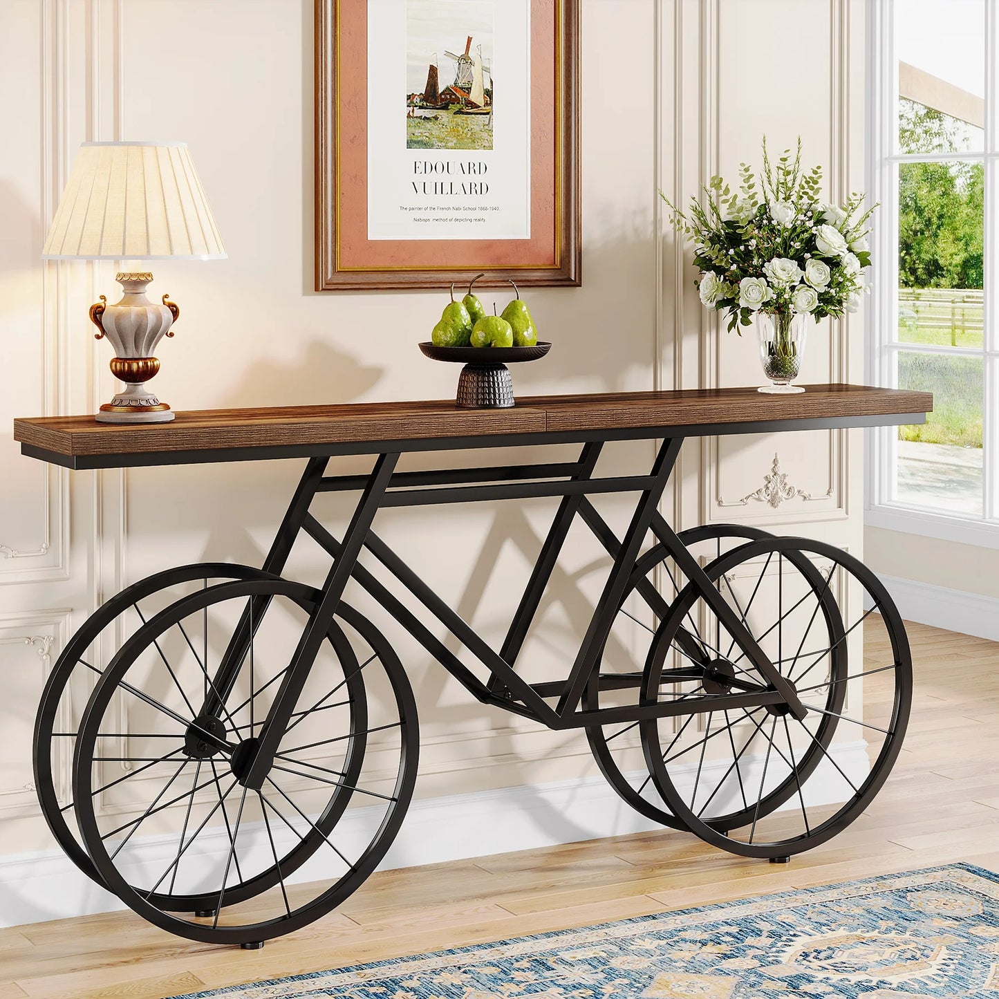 70.9" Industrial Console Table with Bicycle Metal Base – Narrow Entryway & Sofa Table