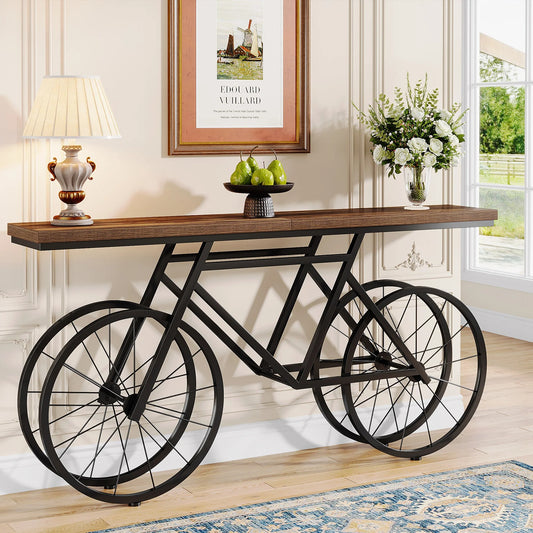 70.9" Industrial Console Table with Bicycle Metal Base – Narrow Entryway & Sofa Table