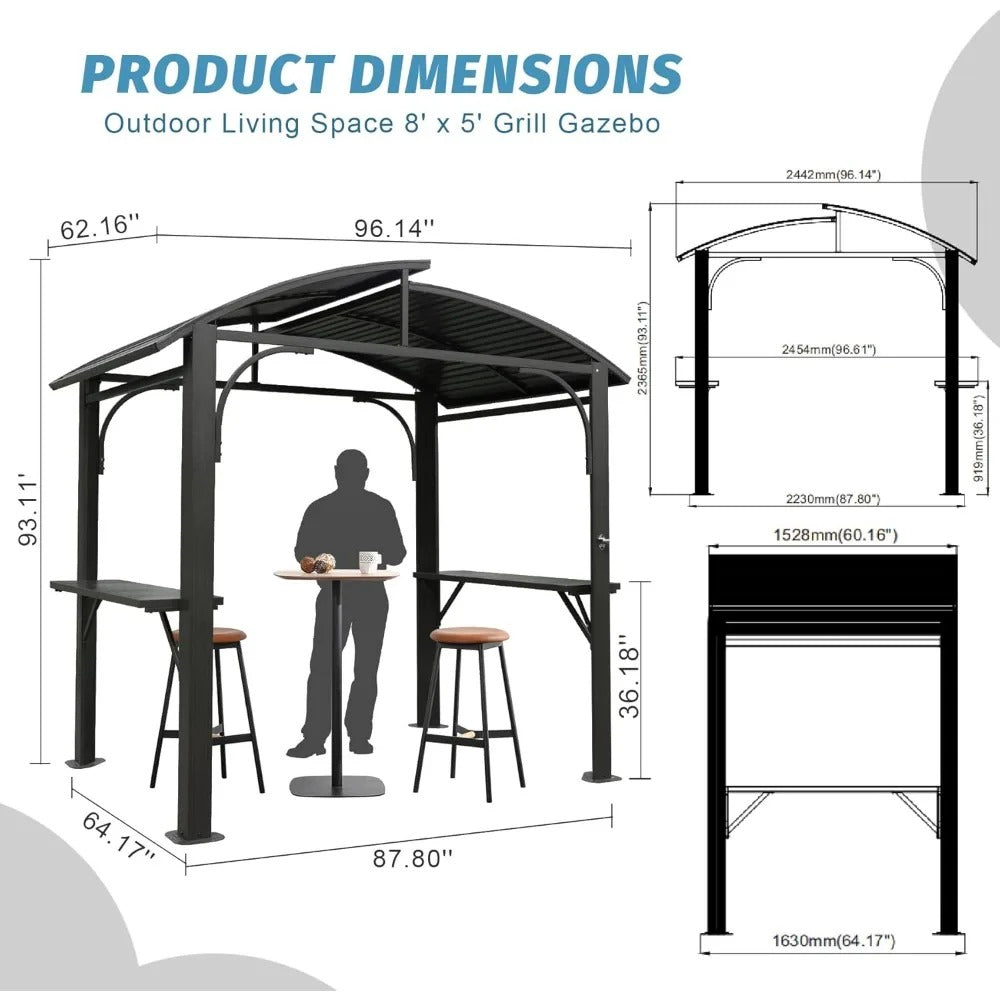 8x5 FT Hardtop Grill Gazebo with Steel Roof & Side Shelves – Outdoor BBQ Canopy Shelter