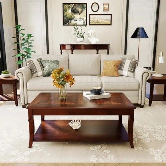 Cherry Queen Anne Solid Wood Coffee Table with Storage Shelf – 43.3" Mid-Century Elegance