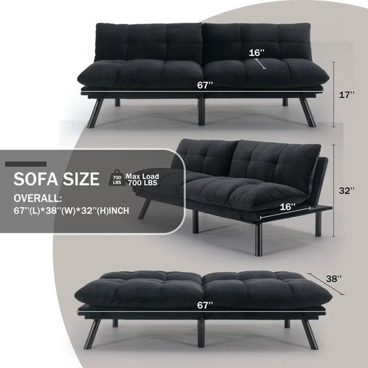 2-in-1 Velvet Convertible Futon Sofa Bed with Adjustable Backrest – Memory Foam Loveseat for Small Apartments, Bedrooms, or Offices