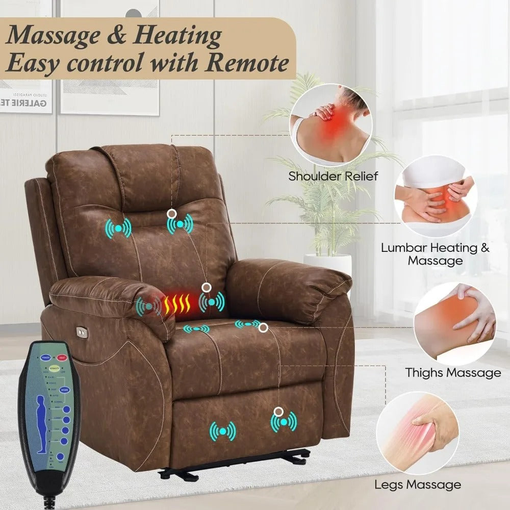Heated Massage Electric Recliner Chair – Power Recliner with Extended Footrest, USB Port & Side Pockets for Total Relaxation