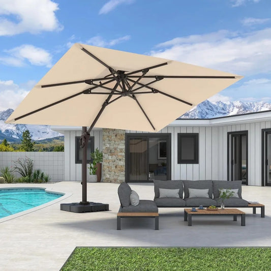 9' x 12' Rectangular Cantilever Patio Umbrella – 360° Rotating Offset Umbrella with Tilt, Double Top, UV-Resistant Fabric – Beige