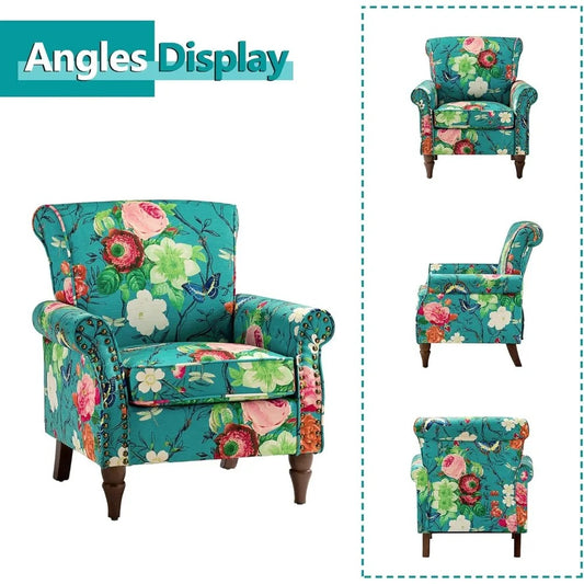Floral Wingback Accent Chair – Comfy Armchair with Wood Legs & Nailhead Trim, Removable Cushion (Blue)