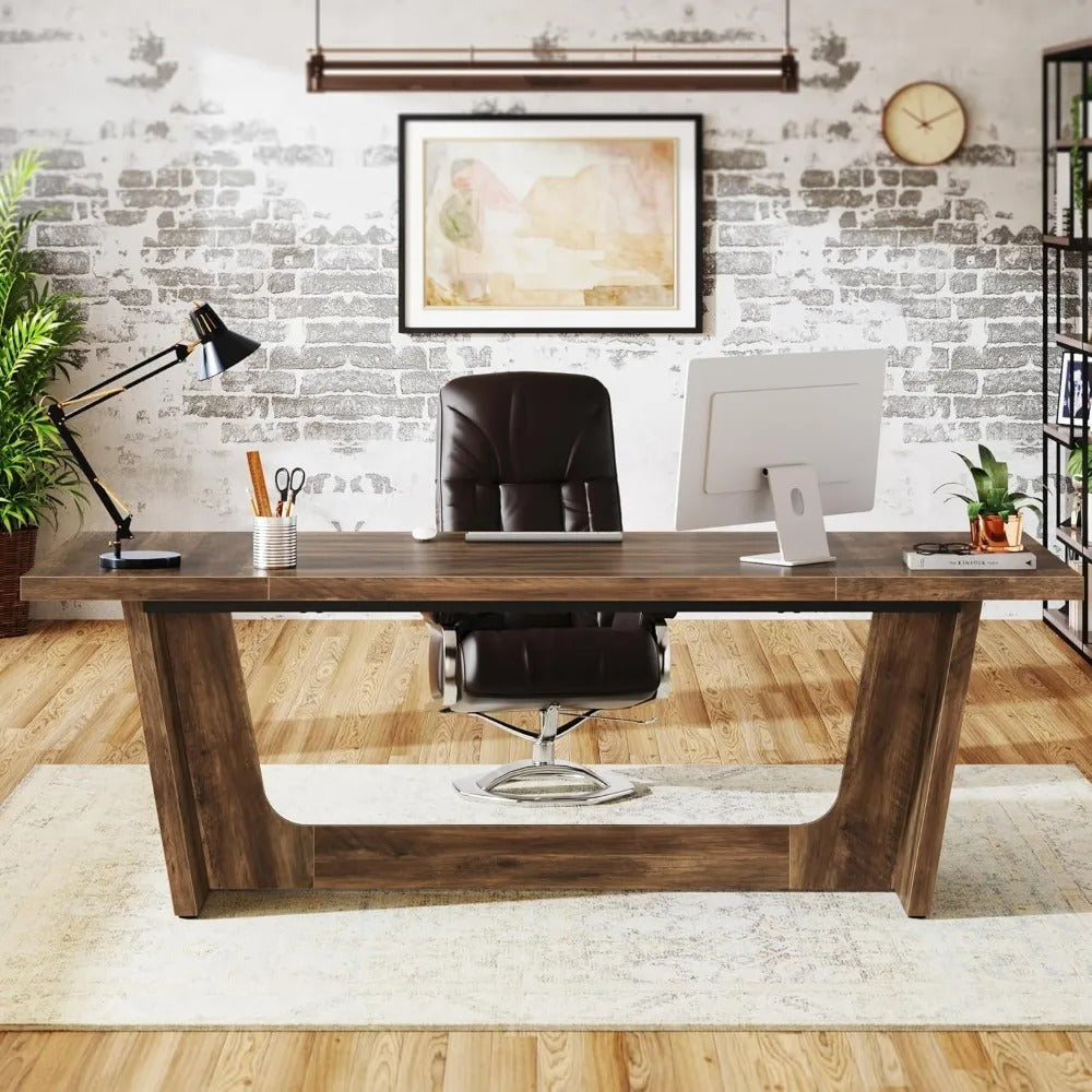 70.87" Rustic Executive Desk – Solid Wood Computer Desk with Heavy-Duty Pedestal for Home Office & Study