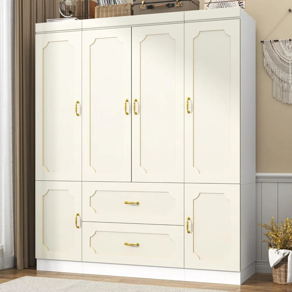 75" Freestanding 4-Door LED Wardrobe Armoire with Mirrors & Drawers – White Closet with RGB Lights, Adjustable Shelves & Hanging Space