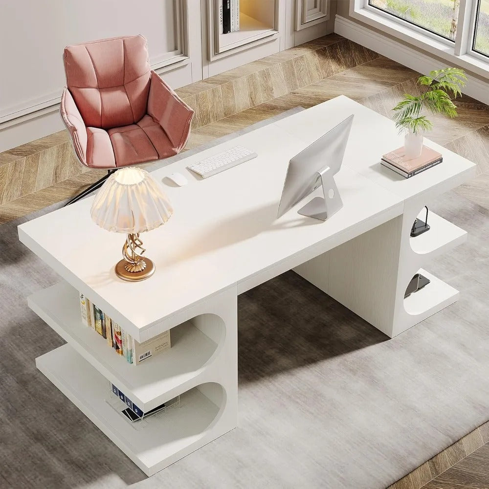 62" Executive Office Desk with Storage Shelves – Modern White Writing Desk for Home Office, Study, or Workstation Use