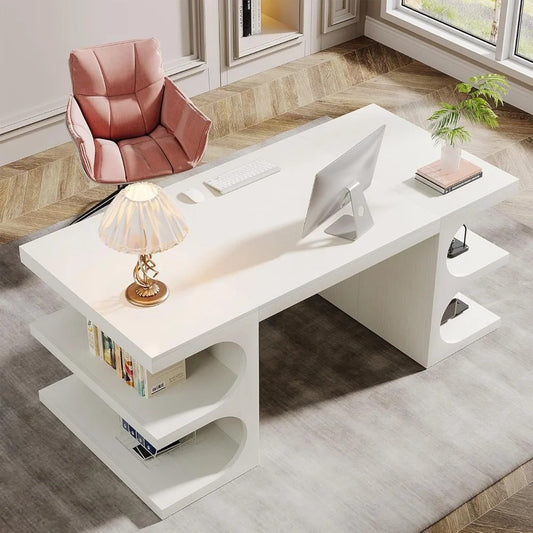 62" Executive Office Desk with Storage Shelves – Modern White Writing Desk for Home Office, Study, or Workstation Use