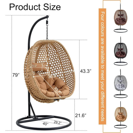 Hanging Egg Swing Chair with Stand & Cushion – Foldable Rattan Basket Lounge for Indoor/Outdoor Relaxation (Khaki Yellow)