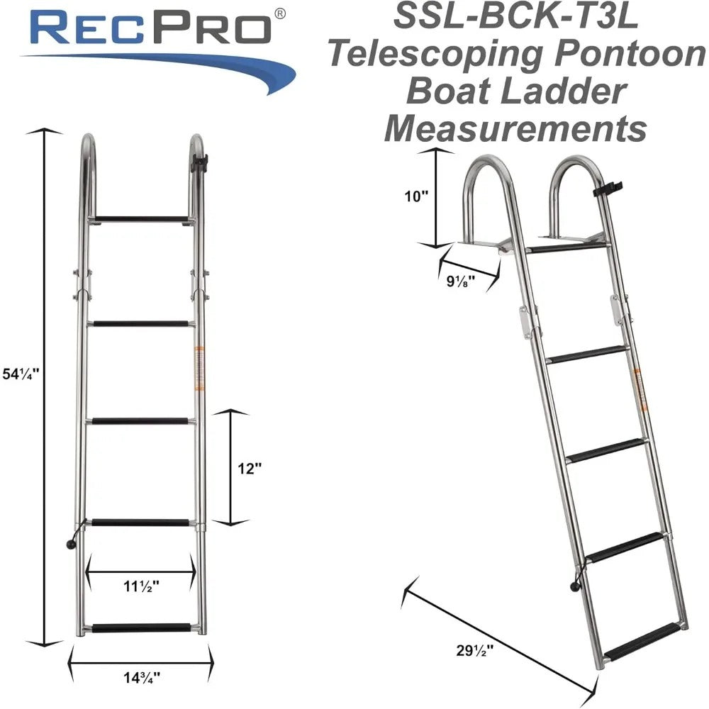 5-Step Heavy-Duty Telescoping Rear Entry Ladder – Polished 316 Stainless Steel for Marine Pontoon Boats