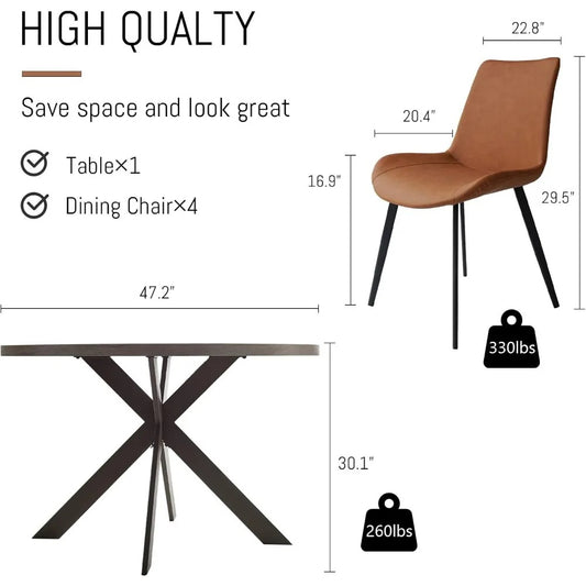 47" Round Dining Table Set for 4–6, Mid-Century Modern Table with PU Leather Chairs, Steel Legs, Easy Assembly