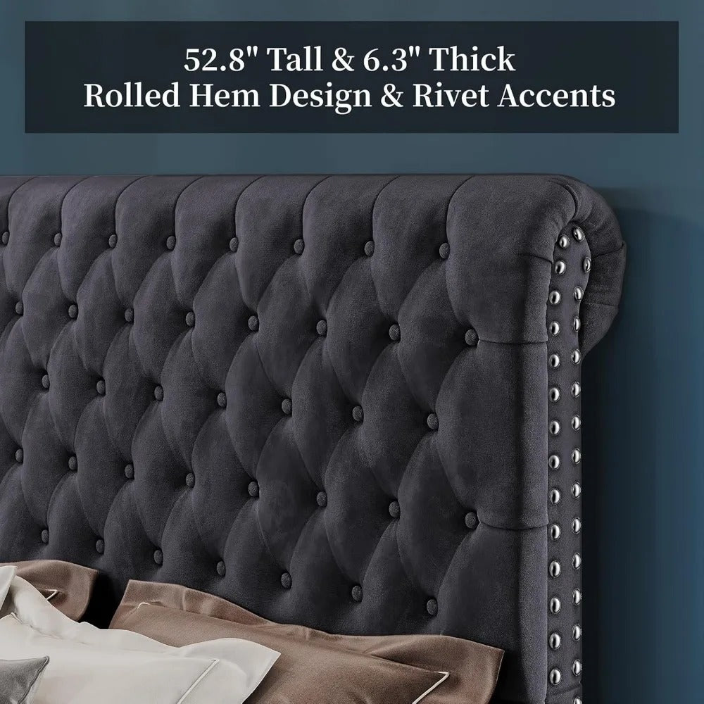 King Size Upholstered Bed Frame with 52.8" Tufted Headboard – Velvet Fabric, No Box Spring Needed, Squeak-Resistant, Dark Grey