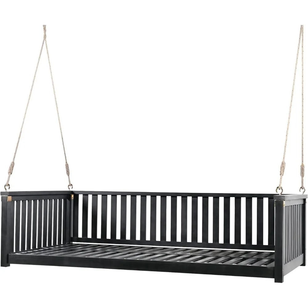 Minimalist Acacia Wood Porch Swing Bed – Twin Size 2-Person Outdoor Hanging Bench with Hemp Rope, for Patio, Garden, or Poolside