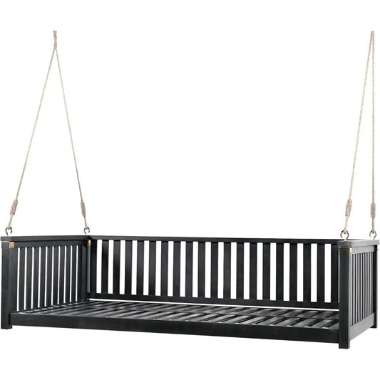 Minimalist Acacia Wood Porch Swing Bed – Twin Size 2-Person Outdoor Hanging Bench with Hemp Rope, for Patio, Garden, or Poolside