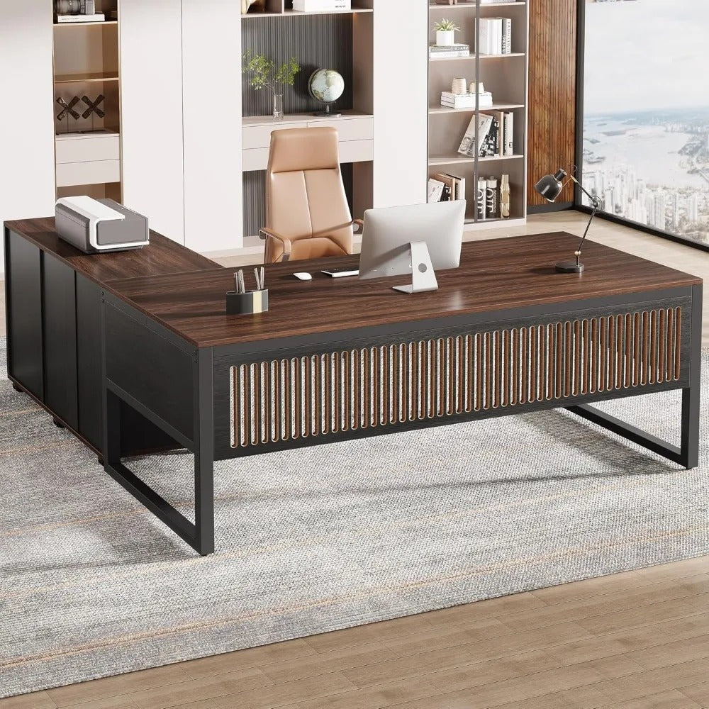63" L-Shaped Executive Desk with Mobile File Cabinet – Modern Dark Walnut Corner Office Desk with Storage Drawers & Door Cabinet