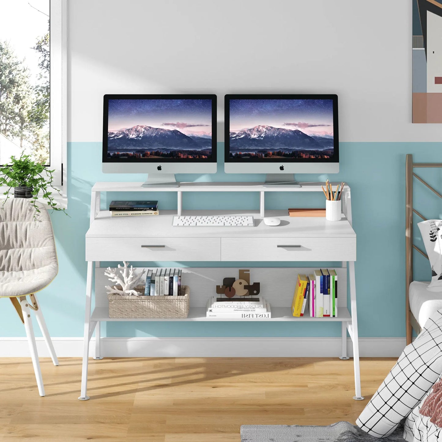 47" Computer Desk with Monitor Riser, Drawers & Shelf – Modern Study Table with Storage