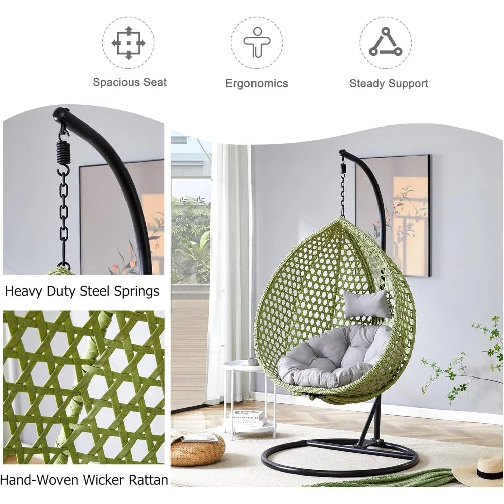 Hanging Egg Swing Chair with Stand – Rattan Hammock Chair with Soft Cushions for Indoor & Outdoor Relaxation (350 lbs Capacity)