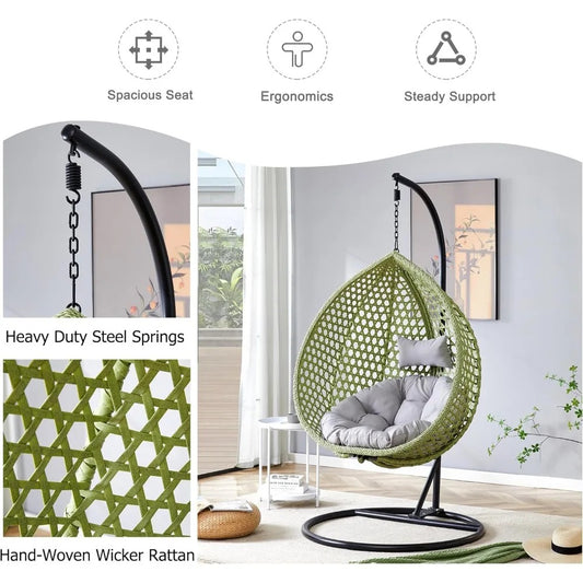 Hanging Egg Swing Chair with Stand – Rattan Hammock Chair with Soft Cushions for Indoor & Outdoor Relaxation (350 lbs Capacity)