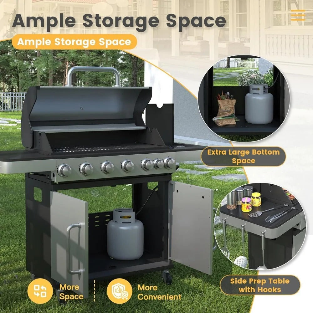 6-Burner Propane BBQ Grill with Side Burner – 65,500 BTU Outdoor Gas Grill with Cast Iron Grates & Prep Space