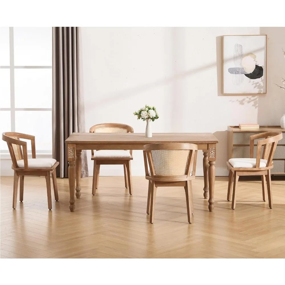 Mid-Century Modern Rattan Dining Chairs Set of 4 – Wooden Farmhouse Cane Back Chairs with Beige Linen Upholstery