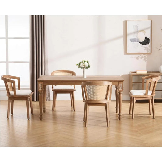 Mid-Century Modern Rattan Dining Chairs Set of 4 – Wooden Farmhouse Cane Back Chairs with Beige Linen Upholstery