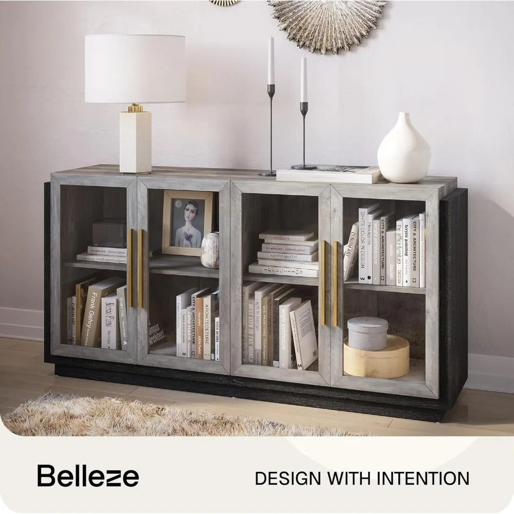 Modern Wood Buffet Sideboard with Glass Doors – 4-Door Console Cabinet with Adjustable Shelves for Dining Room, Kitchen, or Living Room